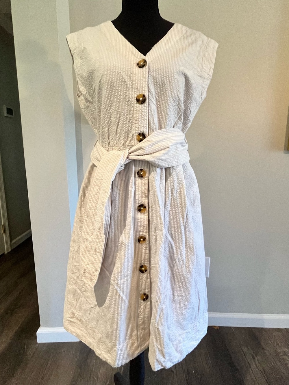 Mango Casual Seersucker Button Front Dress | Sz 6 EUC